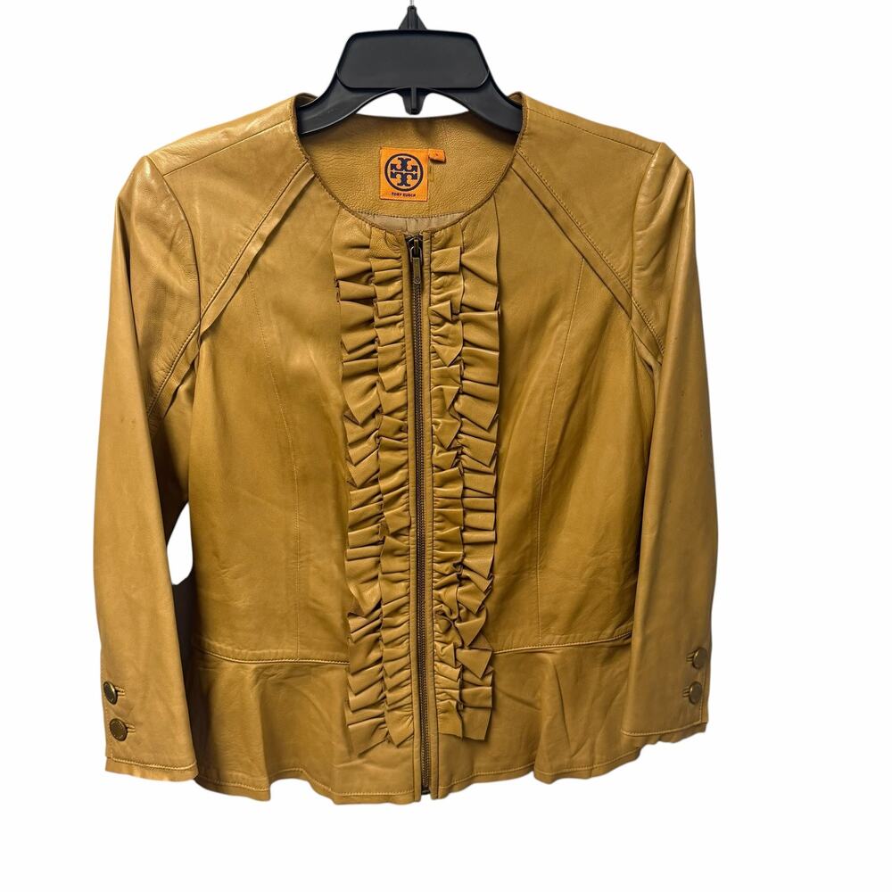 Tory Burch Tan Leather Ruffle Front Zip Up Jacket Size 6 AS IS STAINED